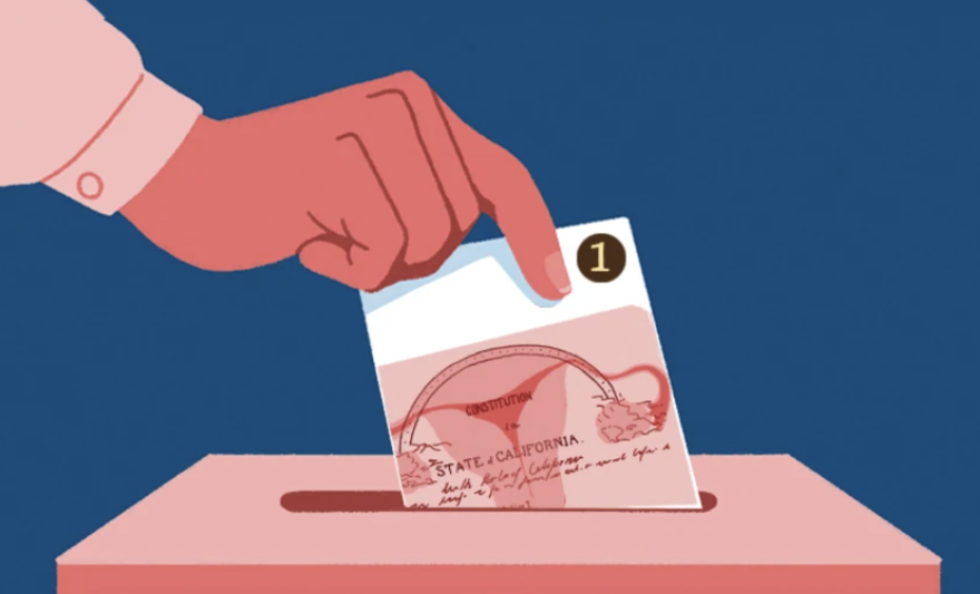 A person's hand drops a card into a ballot box that shows and image of a woman's uterus with the words Constitution of California
