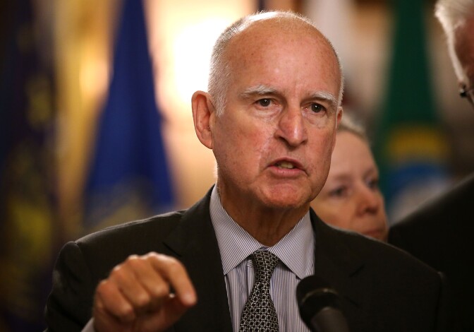 SACRAMENTO, CA - MAY 19:  California Gov. Jerry Brown speaks during a bill signing event at the Leland Stanford Mansion on May 19, 2015 in Sacramento, California.  Gov. Brown signed a first-of-its-kind agreement with leaders from 11 states and international provinces to limit the increase in global average temperature to below 2 degrees Celsius.  (Photo by Justin Sullivan/Getty Images)