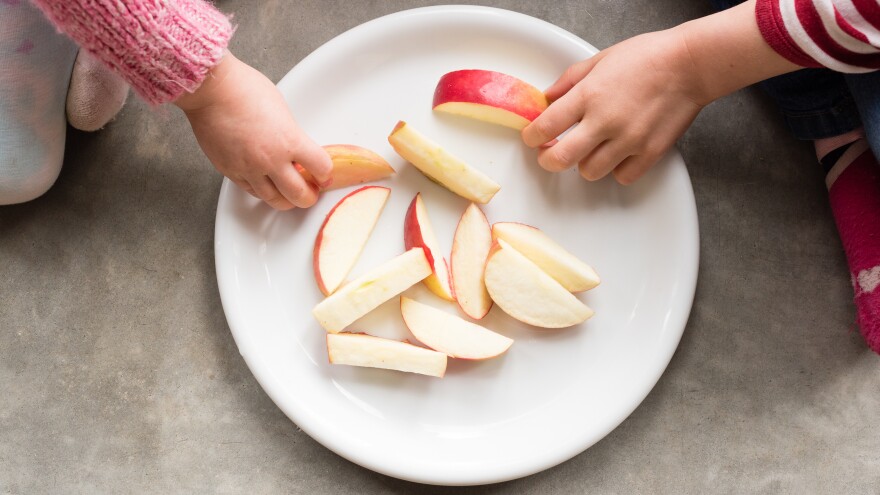 White children's hands reach in to grab apple slices off of a white plate.