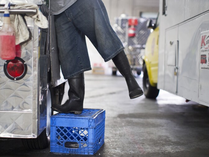 Oliver Candia of Kareem Cart Commissary and Manufacturing Co. cleans a taco cart on Wednesday morning, Sept. 2, 2015 in the company's South Los Angeles headquarters.