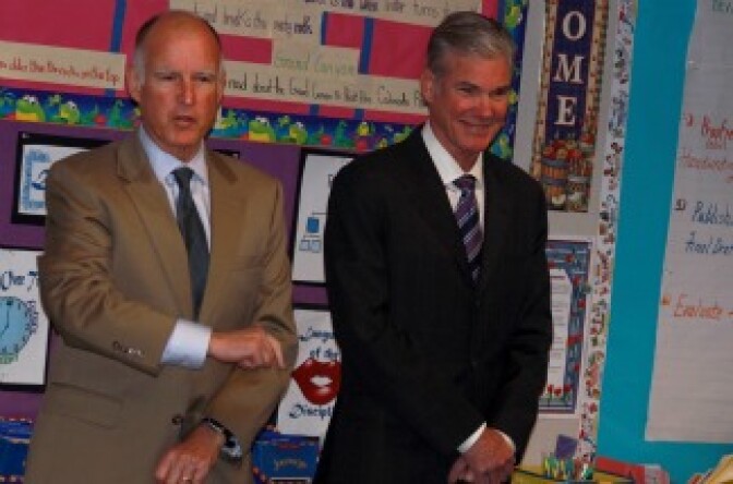 Gov. Jerry Brown, accompanied by State Superintendent for Public Instruction Tom Torlaksonwith, visits with a fourth-grade class at Arlanza Elementary School in Riverside.