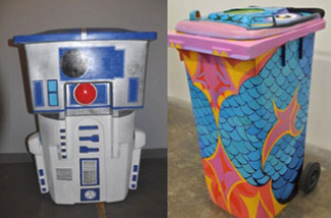 Global Inheritance has gathered a collection of artists to decorate recycling bins which are then taken to the Coachella Music Festival. 
