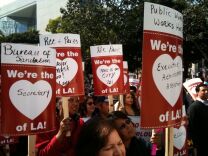 Los Angeles city workers protest against more furlough days outside City Hall. They demonstrated on Valentine's Day.