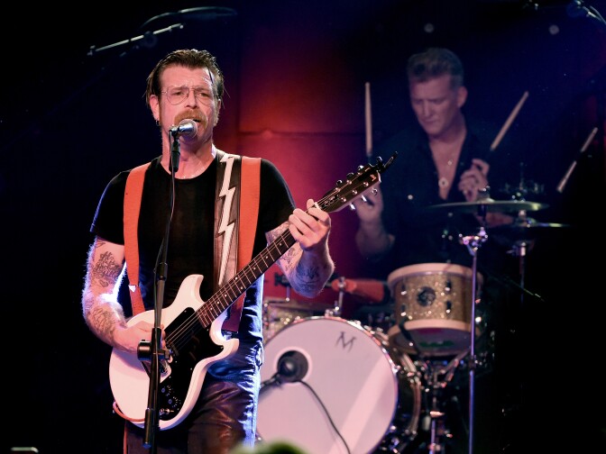 LOS ANGELES, CA - OCTOBER 19:  Musicians Jesse Hughes (L) and Josh Homme of Eagles of Death Metal perform at the Teragram Ballroom on October 19, 2015 in Los Angeles, California.  (Photo by Kevin Winter/Getty Images)