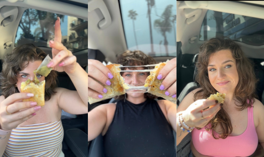 A collage image of a woman with light skin tone and brown curly hair, sitting inside a car while dressed in different outfits and holding burritos in different positions.