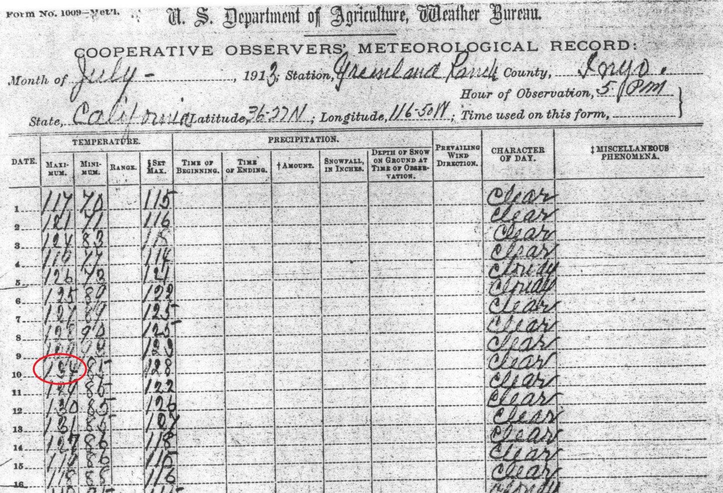 A handwritten record from 1913 shows the temperature of 134 circled in read along the far left colum.