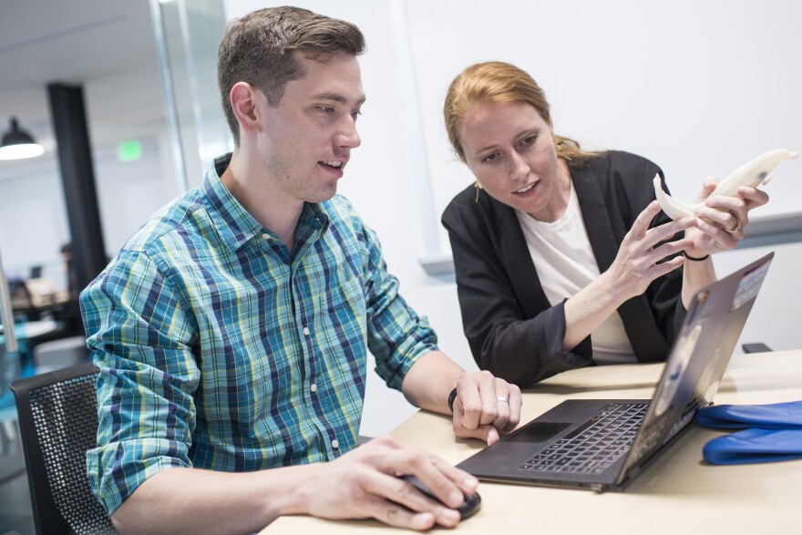 Adam Casson, left, and Maggie Galloway are the COO and CEO of Inscope, a company that's developing a laryngoscope that increases the speed and safety of intubation. The company is part of the Techstars HealthTech Accelerator based at the Cedars-Sinai Innovation Space in West Hollywood.