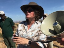 Scientist Lucy Jones speaks to a group of government officials from across Southern California in the desert just north of Palm Springs.