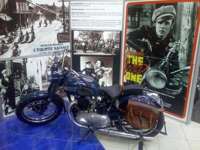 Replica of Marlon Brando's 1950 6T Triumph Thunderbird with publicity stills from the film.