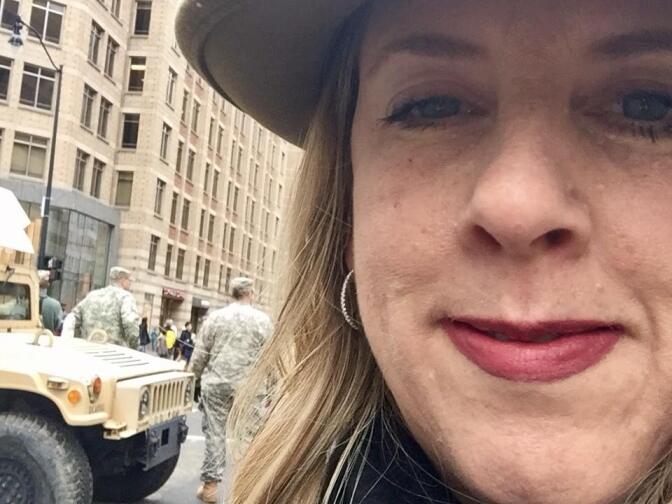 JANUARY 20, 2017 - KPCC listener Clare Sebenius on 18th street in D.C., heading to the Women's March pop-up show. 