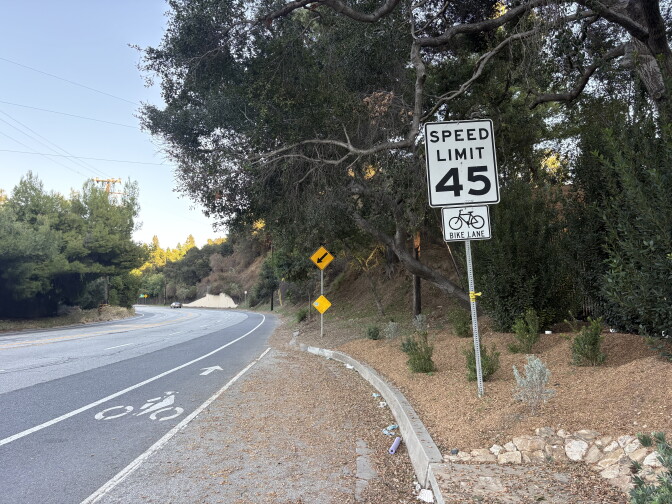 A road curves past trees with a 45 mph speed limit sign and a bike lane marked on the pavement.