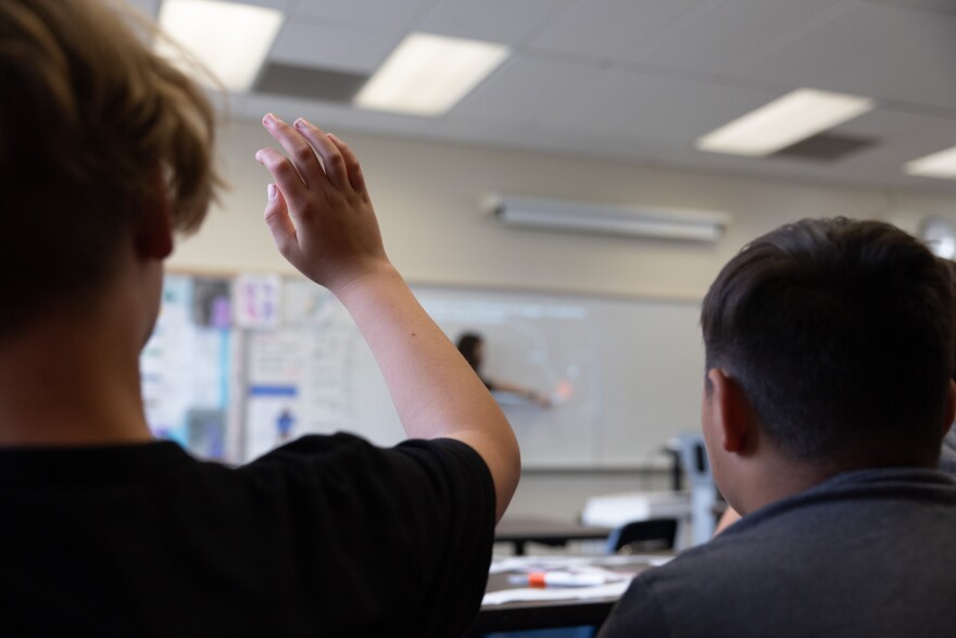 A student with light skin tone whose back is to the camera raises his right hand in a classroom. Next to him is a student with brown skin tone.