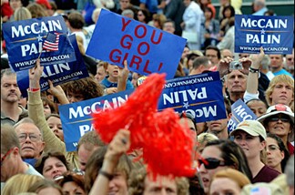 Supporters cheer for Republican vice presidential cadidate Sarah Palin during a campaign rally at the Home Depot Center in Carson on October 4, 2008.
