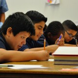 Students at Leland Street Elementary School in Los Angeles' San Pedro neighborhood work on a writing assignment on Aug. 21, 2017.