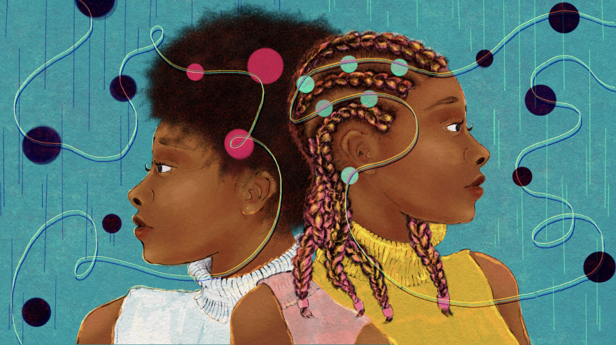 This artistic illustration features images of two Black women back-to-back. The woman on the left has puffed-out unbraided hair, while the woman on the right features hair in cornrows.