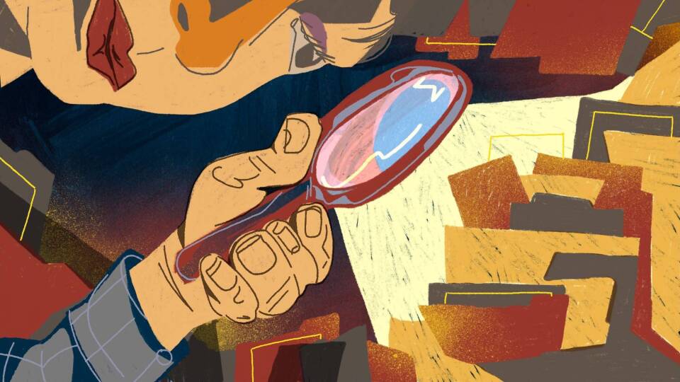Illustration shows a person with a magnifying glass looking at files.