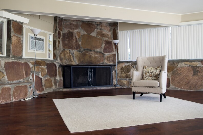 The Ding Le Mei House at the Institute of Mental Physics in Joshua Tree, Calif. has 10 bedrooms and a rock fireplace. It is Le Mei's former residence.
