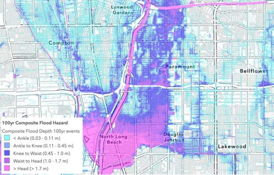 Bright fuschia cover a large part of North Long Beach to indicate flood waters that could rise above people's heads. Cooler tones indicate lower flood risks.