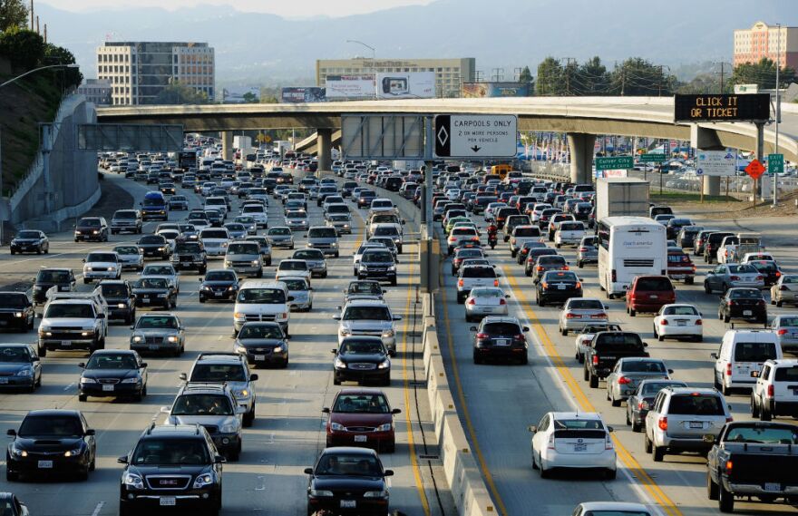 File: Traffic comes to a stand still on the northbound and the southbound lanes of the Interstate 405 freeway near Los Angeles International Airport.