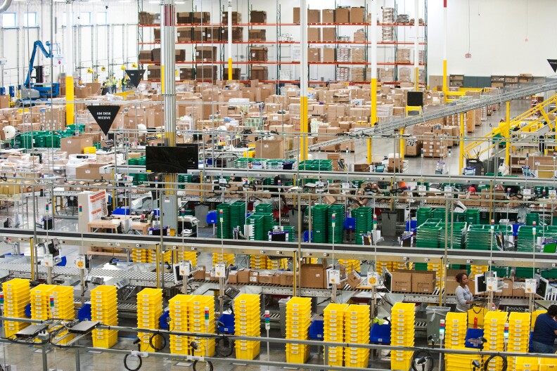 The inbound operation area inside Amazon's one-million-square-foot fulfillment center in San Bernardino. Soon Amazon plans to open California's second fulfillment center, in Moreno Valley.
