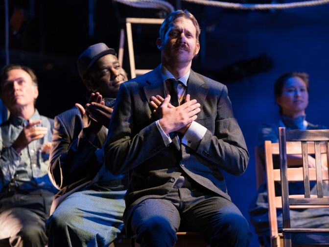 (L-R): David Gautreux, Harold Foxx, Russell Harvard and Marie France Arcilla in Our Town at Pasadena Playhouse.

