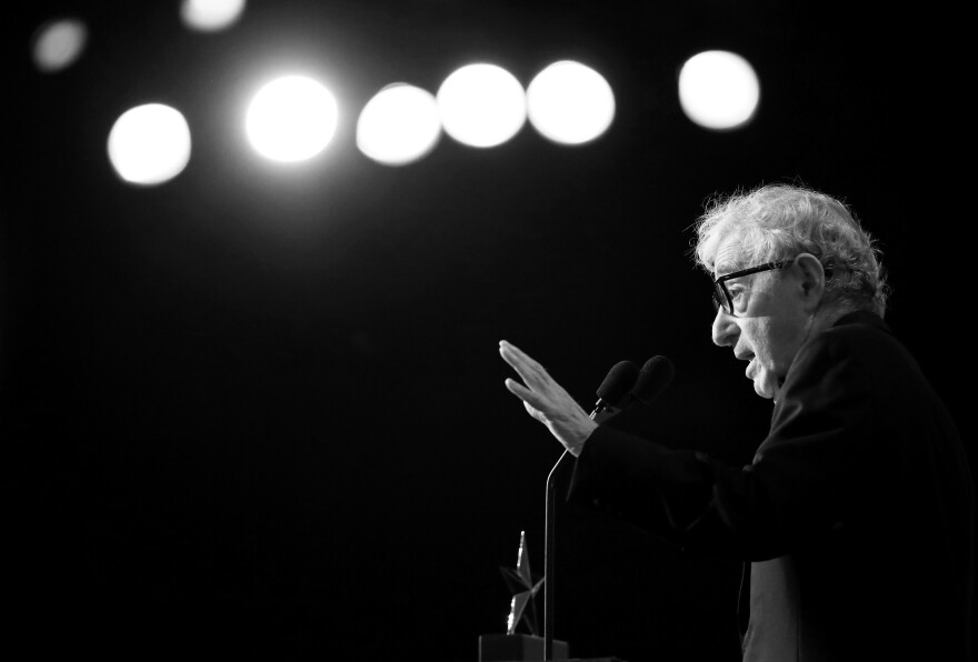 HOLLYWOOD, CA - JUNE 08: (EDITORS NOTE: Image has been converted to black and white.)  Director Woody Allen speaks onstage during American Film Institute's 45th Life Achievement Award Gala Tribute to Diane Keaton at Dolby Theatre on June 8, 2017 in Hollywood, California. 26658_002  (Photo by Christopher Polk/Getty Images for Turner)