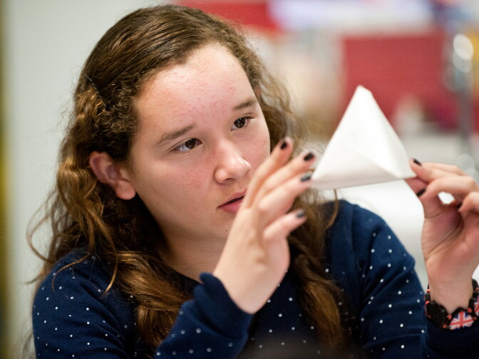 Aryel Maldonado counts the edges on a polyhedron during a math class. The school is part of the Baldwin Park school district.