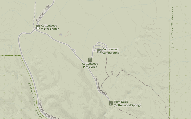 A map of parts of Joshua Tree National Park, from near the Cottonwood Visitor Center down to Palm Oasis.