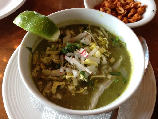 Pozole verde con callito de hacha (bay scallops) at Hugo's in Houston, Texas.