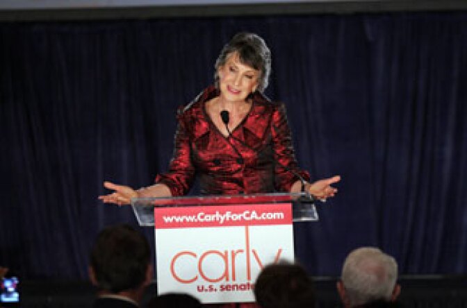 Republican candidate for U.S. Senate and former head of Hewlett-Packard Carly Fiorina speaks to supporters while waiting for election results, during the California Republican Party Victory 2010 Election Night party held at the Hyatt Regency Irvine on November 2, 2010 in Irvine, California. Incumbent Sen. Barbara Boxer (D-CA) declared victory despite opponent Fiorina refusing to concede their tight senate race.