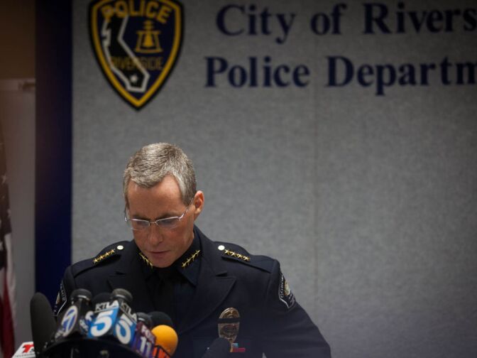 Corona Police Chief Michael Abel speaks at a press conference. One of a string of shootings that spawned an area-wide search for a suspect occurred on an I-15 overpass in Corona.