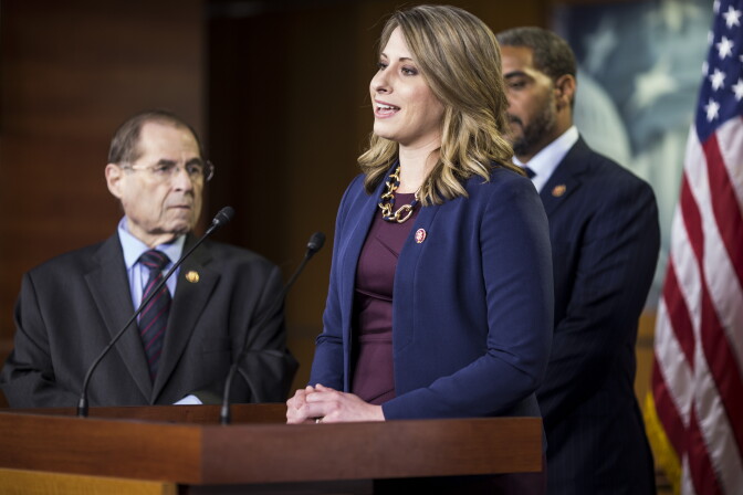 WASHINGTON, DC - APRIL 09: Rep. Katie Hill (D-CA) speaks during a news conference on April 9, 2019 in Washington, DC. House Democrats unveiled new letters to the Attorney General, HHS Secretary, and the White House demanding the production of documents related to Americans health care in the Texas v. United States lawsuit.  Also pictured is House Judiciary Committee Chairman Rep. Jerry Nadler (D-NY) and Rep. Steven Horsford (D-NV).  (Photo by Zach Gibson/Getty Images)