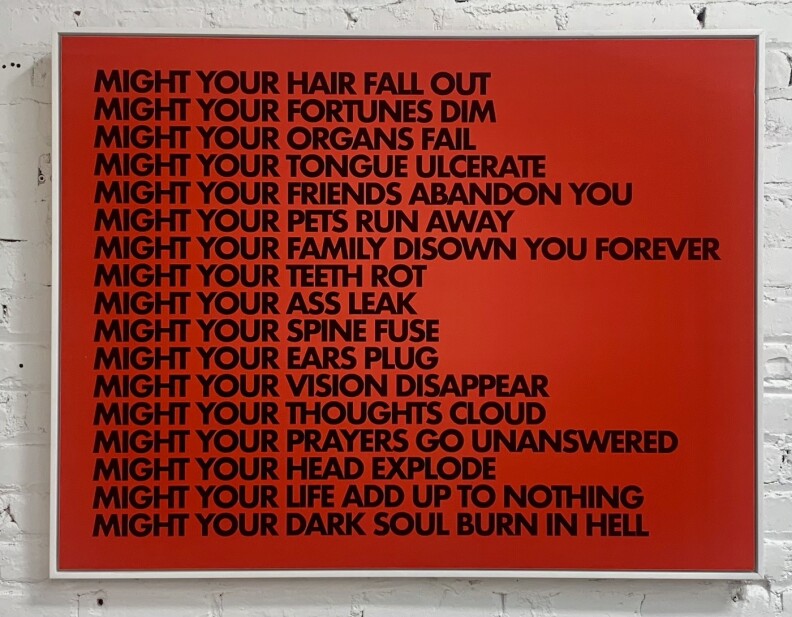 An orange panel features a stack of all caps phrases in black, blocky text. Among the phrases are MIGHT YOUR LIFE ADD UP TO NOTHING and MIGHT YOUR HEAD EXPLODE.