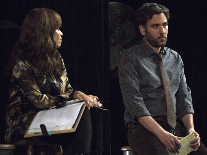 RISE -- "What Flowers May Bloom" Episode 103 -- Pictured: (l-r) Rosie Perez as Tracey Wolfe, Josh Radnor as Lou Mazzuchelli -- (Photo by: Virginia Sherwood/NBC)