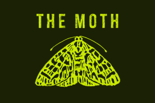 An illustration of a moth with prominent, patterned wings and long antennae, positioned below the words "THE MOTH" in a distressed, sans-serif font. The entire image uses a high-contrast lime green color against a dark olive background.