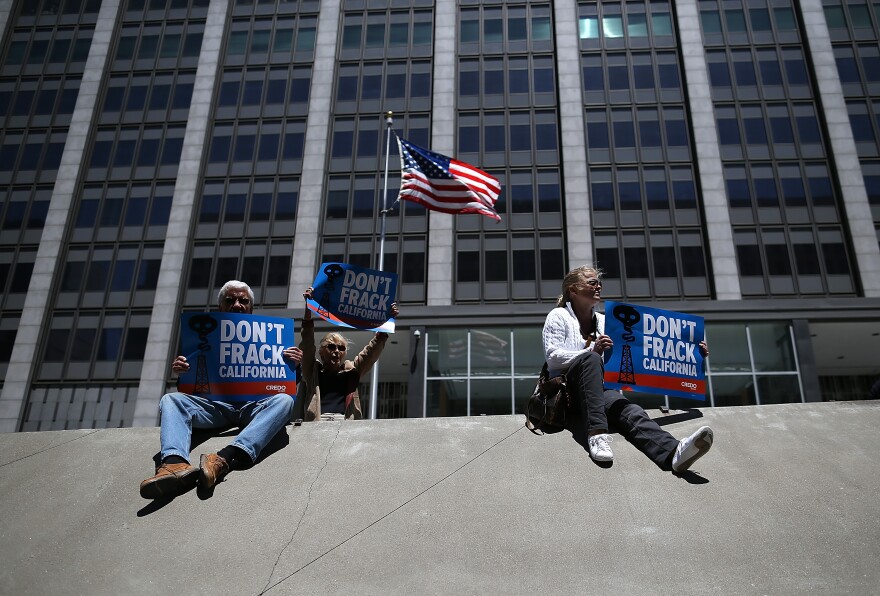 Protestors stage a demonstration against fracking in California outside of the Hiram W. Johnson State Office Building on May 30, 2013 in San Francisco.