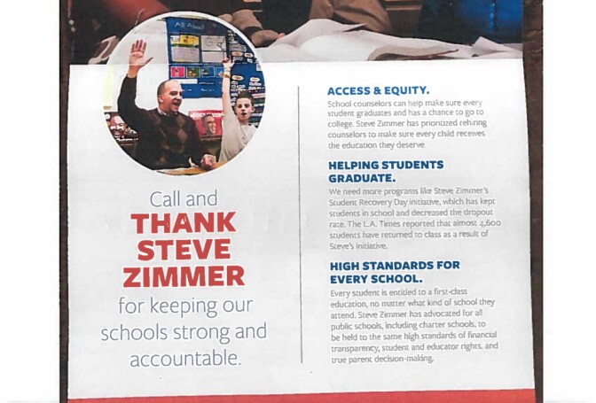 According to a complaint filed by a California Charter Schools Association employee, L.A. residents received this mailer from the United Teachers Los Angeles teachers union's "issues PAC" in early February. Charter association leaders believe it constitutes an election ad that the union never reported to campaign finance monitoring agencies. Union officials say it's part of an existing campaign.