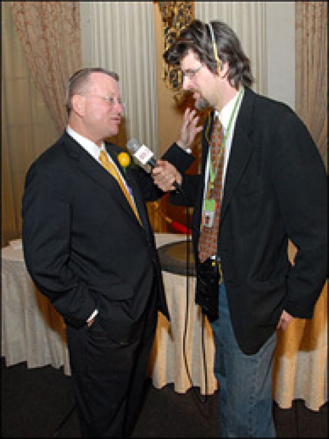 Off-Ramp host John Rabe interviewing Hal "The Lemonizer" Bastion at the 28th Annual Roses and Lemon Awards Breakfast of the Downtown Breakfast Club.