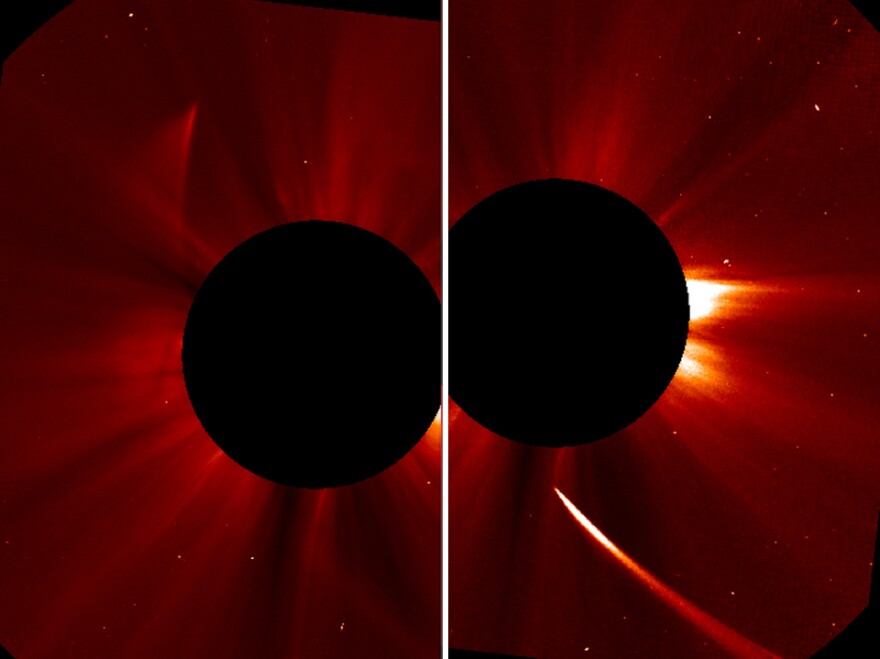 A view from NASA shows the Comet ISON streaming toward the sun (right) then emerging from the other side, dimmed.