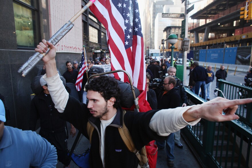 NEW YORK, NY - NOVEMBER 09:  Members of the Occupy Wall Street movement leave Zuccotti Park and begin a highway hike to Washington, D.C. on November 9, 2011 in New York City. Over twenty demonstrators, who hope to pick up supporters in towns and cities along the way, plan on arriving in Washington in two-weeks time and will take their message against corporate greed to the politicians.  (Photo by Spencer Platt/Getty Images)