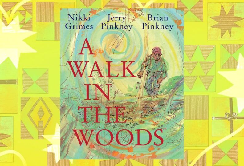 A photograph of a book cover featuring a young child walking off into the woods, looking down at the ground. The colors are murky and a bit muddied, suggesting the child is carrying a burden of some sort. The book cover is set against a decorative lime green background accented with stars, gift boxes and strands of ribbon.