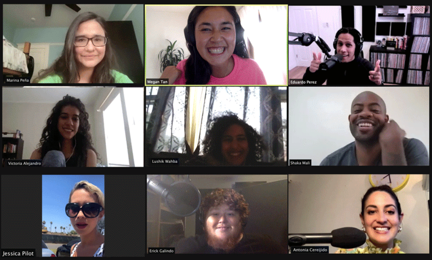 A screenshot of a Zoom call shows a three by three grid of faces with the names of those on the call. From top left Marina Peña, Megan Tan, Eduardo Perez, Shaka Mali, Lushik Wahba, Victoria Alejandro, Jessica Pilot, Erick Galindo and Antonia Cereijido