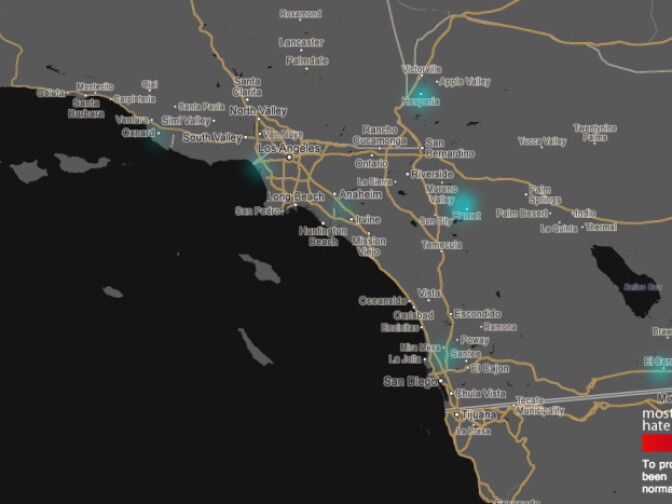 The locations of racist tweets in Southern California, according to a Humboldt State University research project.
