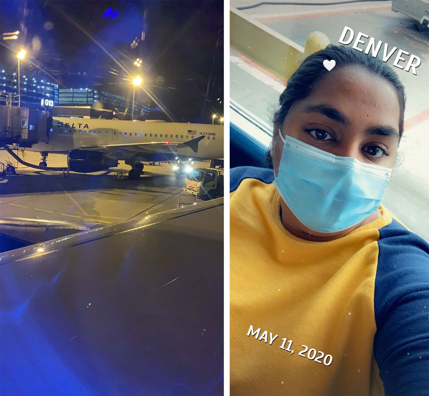 From left: a photo of planes on a tarmac, and a selfie of Kaur with a mask on in Denver.