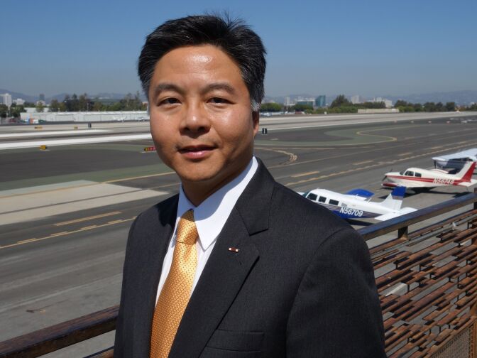 State Sen. Ted Lieu at Santa Monica Airport, Oct. 1, 2010. The Redondo Beach Democrat has held hearings on safety and environmental concerns at the airport, and favors the city keeping the most high-powered private jets away.