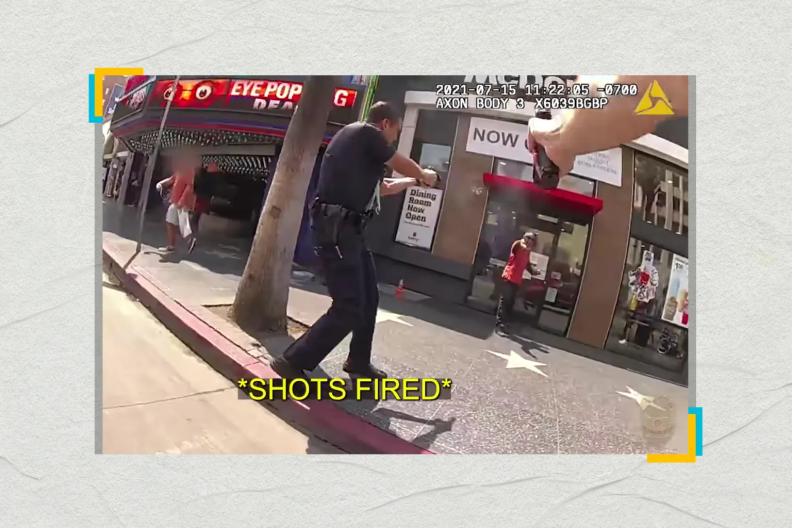 A screengrab image shows a bodycam view of two police officers pointing guns at a man on the Hollywood Walk of Fame.