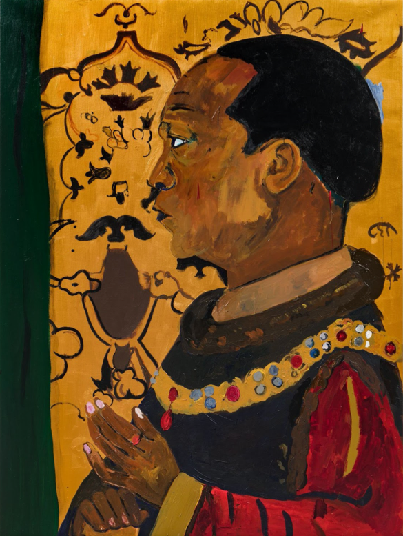 A black man in profile in a red robe in a painting.