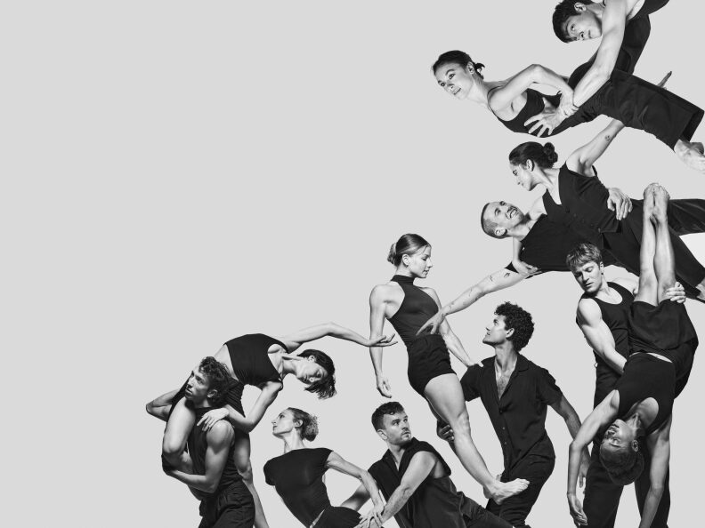 An artistic image featuring a collage of dancers in black outfits striking various poses, both partnered and solo, decorate the bottom and right sides of the image. Negative gray space takes up the rest of the image. 