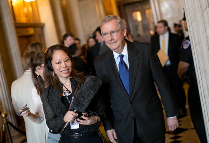 WASHINGTON, DC - APRIL 09:  Senate Minority Leader Mitch McConnell (R-KY) arrives for the weekly Republican policy luncheon at the U.S. Capitol on April 9, 2013 in Washington, DC. McConnell's campaign office has asked for the FBI to investigate the source of a recording of an internal campaign meeting that was recently made public. (Photo by Win McNamee/Getty Images)