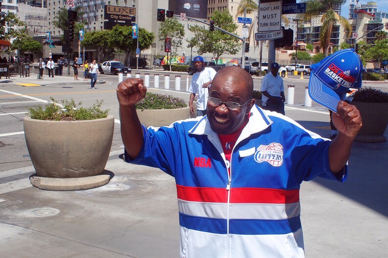 Darrell Bailey, AKA Clipper Darrell, outside Staples Center in June of 2014